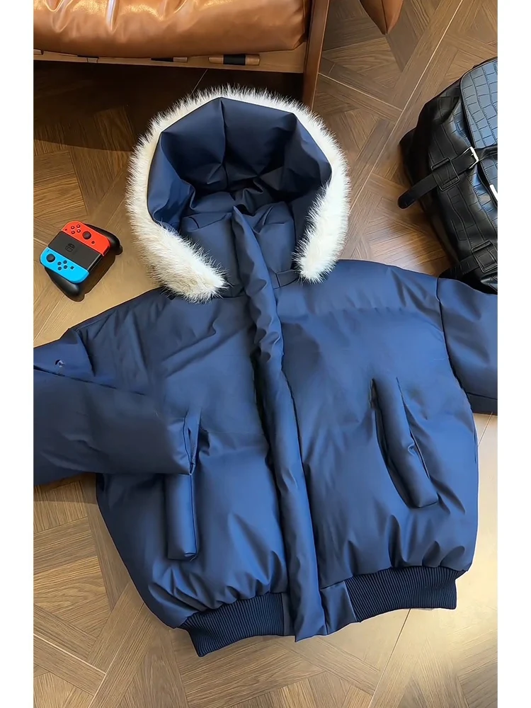 

Bla Fur Collar Parka Cotton Jaet Men's Winter Clothes ort ape Thi Warm American Sle Youth Casual Long Sve Zipper