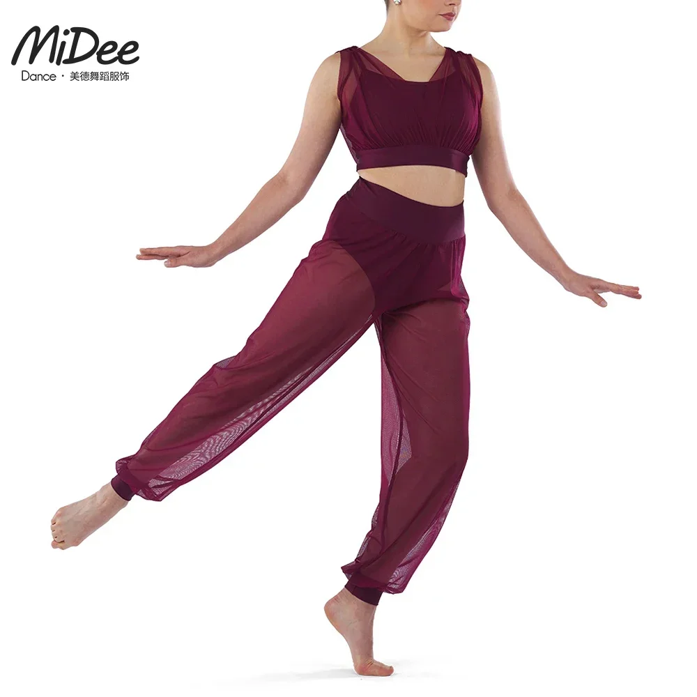 MiDee Modern Dance Crop Top Leotard for Girls Kids Mesh Wide Leg Pants with Lycra Attached Suit Lyrical Outfits Clothes Women