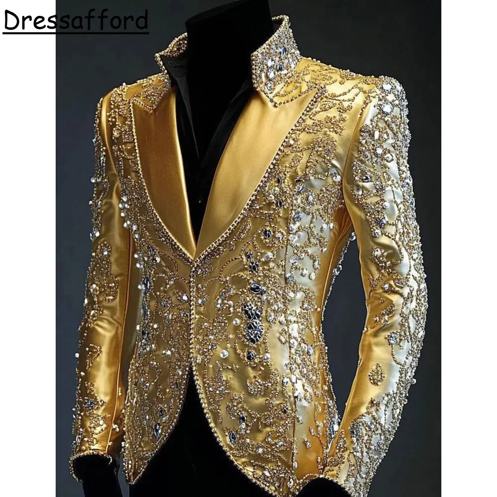 골드 럭셔리 비딩 다이아몬드 웨딩 턱시도 남성 정장 슬림핏 턱시도 블레이저 웨딩 파티 신랑 2피스 재킷 바지