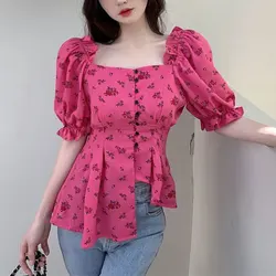 Hotsweet Stand Collar Waist Shirt 2024 Summer Puff Sleeve Women's Clothing Broken Flowers Fashion Asymmetrical Folds Slim Blouse