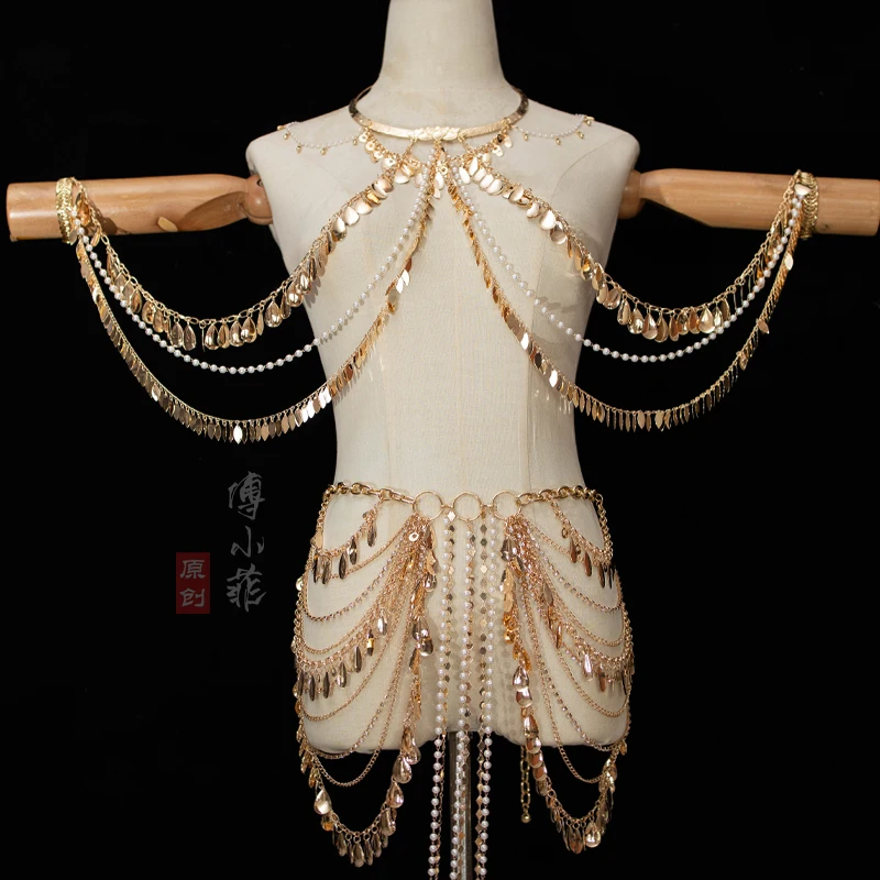

Body chain women's solid color irregular shape handmade fashion exquisite high-end fringed waist chain antique dance accessories