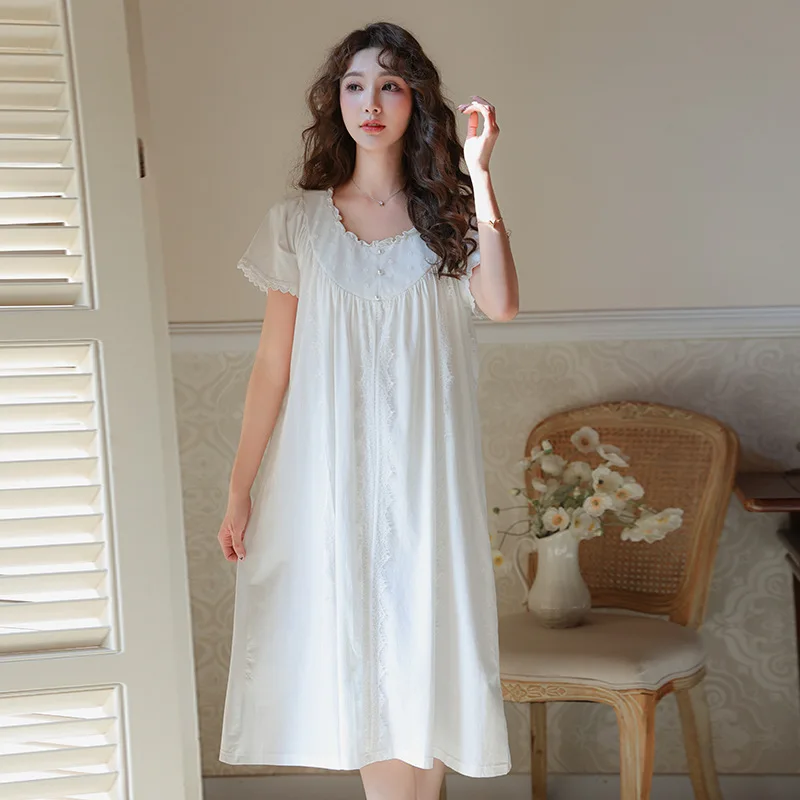 Vintage Pure Cotton Night Dress Fairy Women Round Neck Short Sleeve Nightgown Sexy Long Nightgown Princess Lace Robe Sleepwear