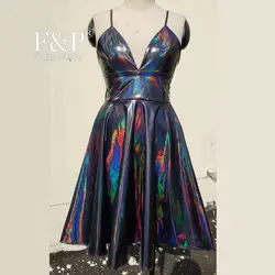 Black Rainbow Holographic Skater Dress Women Rave Dress Clothes outfit University Graduation Homecoming Cocktail Dress