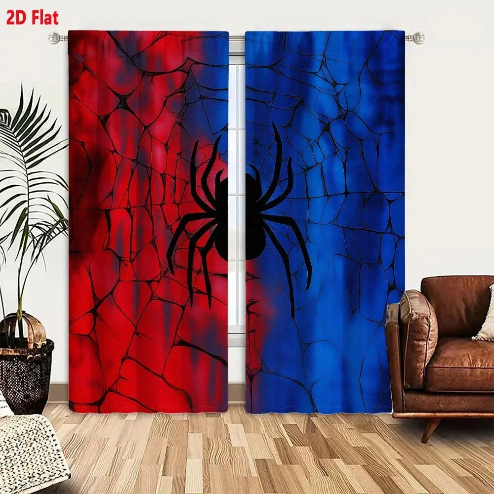 Spooky Halloween Spider Web Curtain Pair Red Blue Gothic Horror Window Drapes for Party Decor