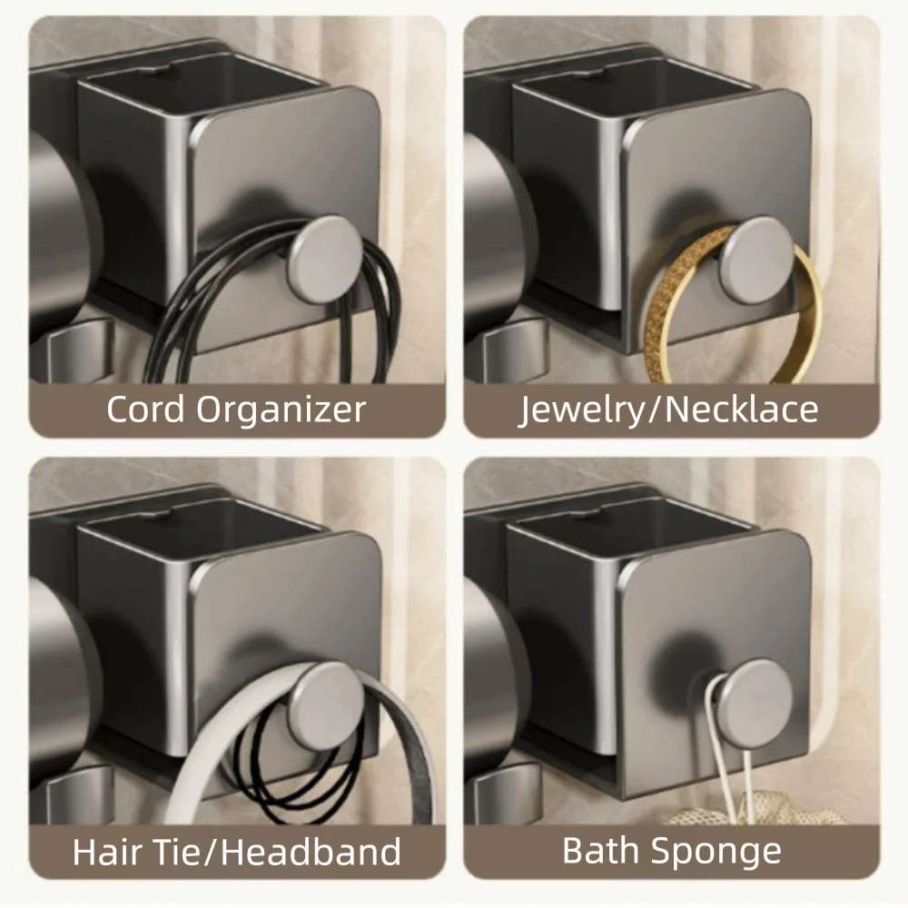 Wall Mounted No Drill Hair Dryer Holder Self Adhesive Silicone Pads Bathroom Organizer Rack Space Saving Anti-Scratch