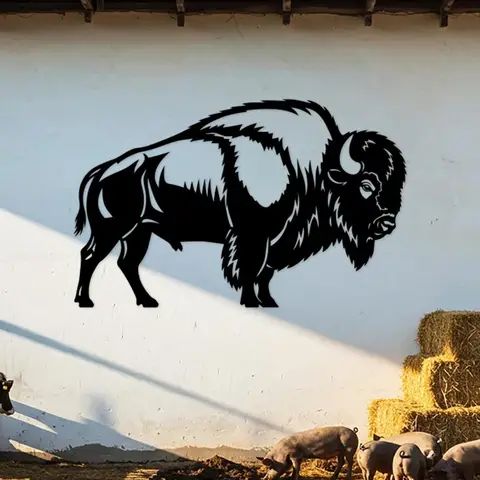 Flat Buffalo Bison Metal Wall Art, Laser‑Cut Iron Silhouette, Powder‑Coated Rust‑Resistant Horizontal Large Western Ranch Wall