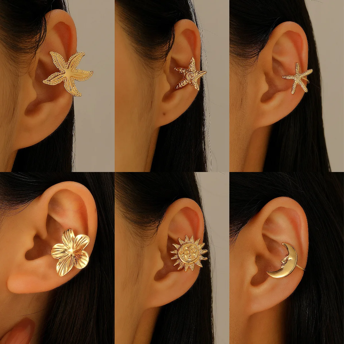 

Golden Starfish Sun Moon Flower Ear Cuffs No Piercing Clip Earrings Beach Vacation Style Women Accessories