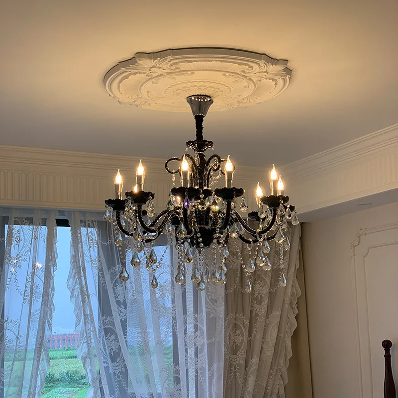 

Black candle light retro French living room chandelier crystal room main light European high-end headlight atmospheric dining