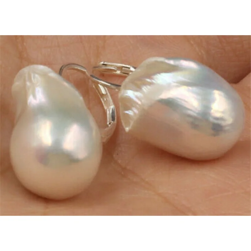 AA 20 mm Classic Big South Sea White Pearl Strange Baroque Pearl Earrings 925