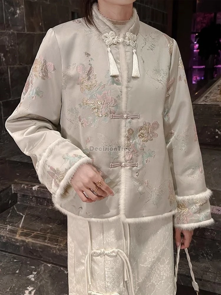 2024 new chinese style brocade embroidery tang suit cotton clothing retro temperament tassel winter garment graceful daily coat