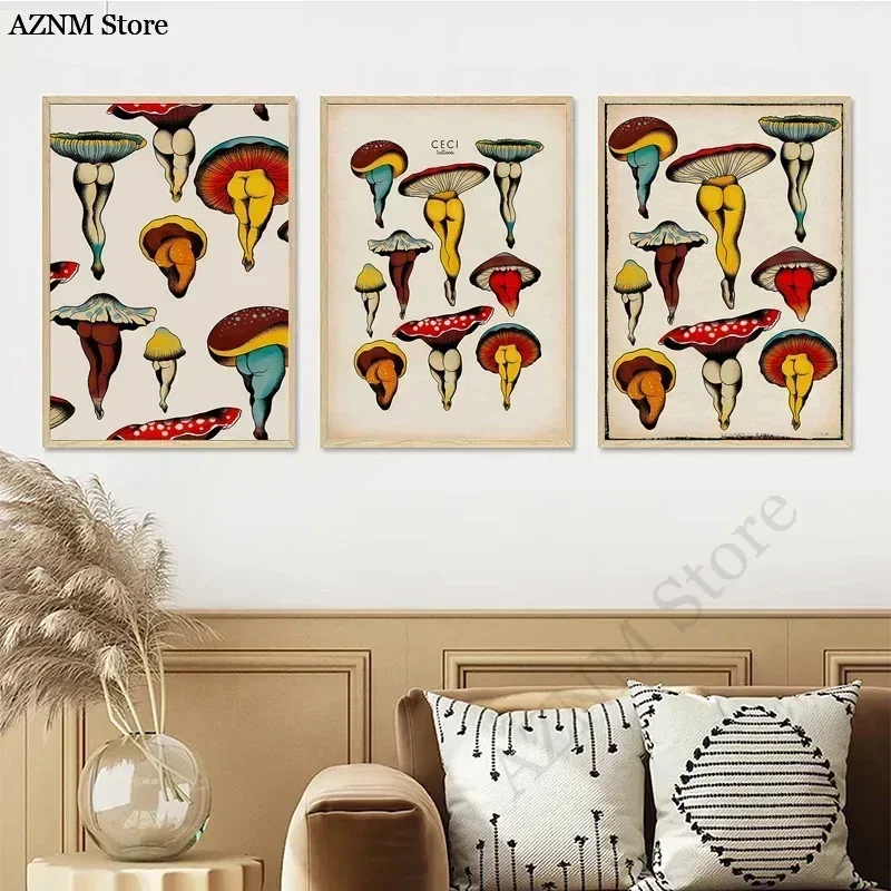 Sexy Mushroom Cactass Carrots Tattoo Flash Poster Aesthetic Canvas Painting Wall Art Pictures Room Decoration Fanatical Gifts