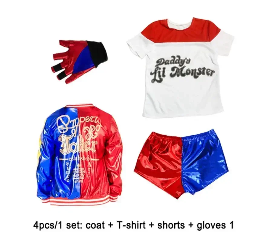 Girls Women Suicide Harley Cosplay Costumes Squad Monster Stitched Jacket Pants Sets Halloween Anime Costume