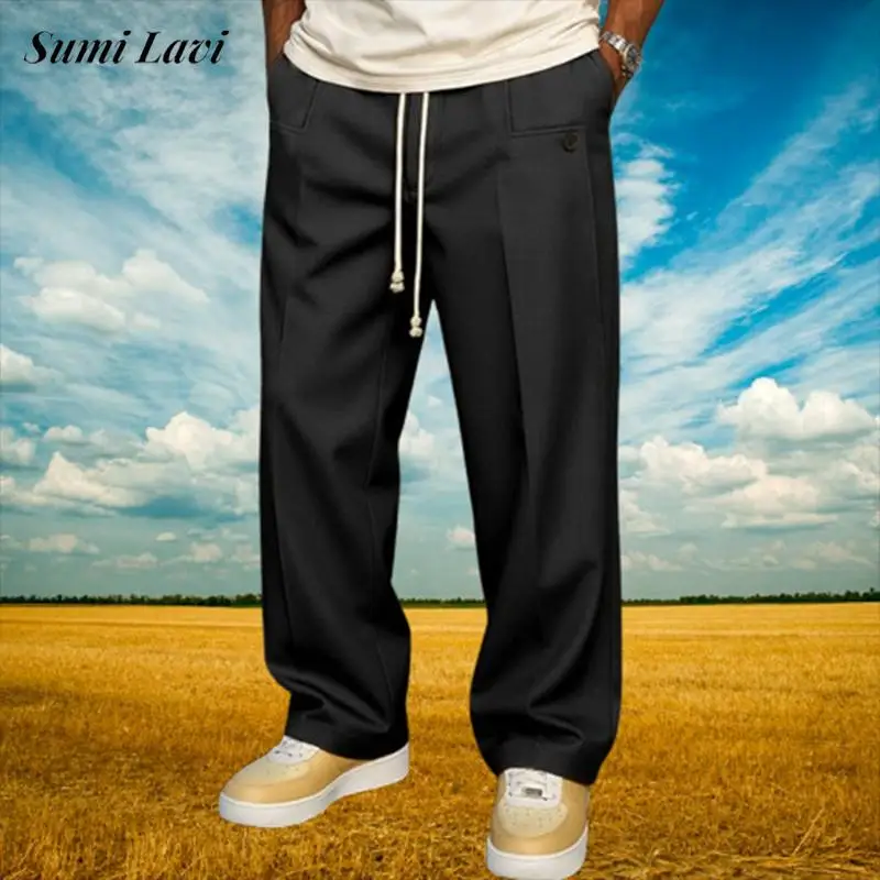 

Daily Casual Mens Loose Straight Pants Spring Autumn Fashionable Solid Color Drawstring Trousers Men Leisure Baggy Pants