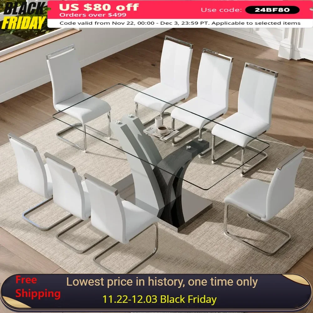 Modern Dining Room Table Set , Upholstered White PU Leather Chairs,71''Glass Dining Tablefor 8,Rectangular Kitchen Table Set