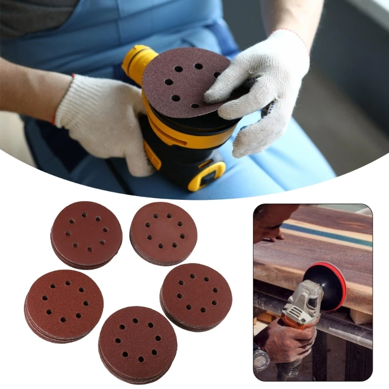 100Pcs Sanding Discs Set 5inch 8 Hole Sandpaper Including 40# 60# 80# 120# 180# Grit for Woodworking Automotive