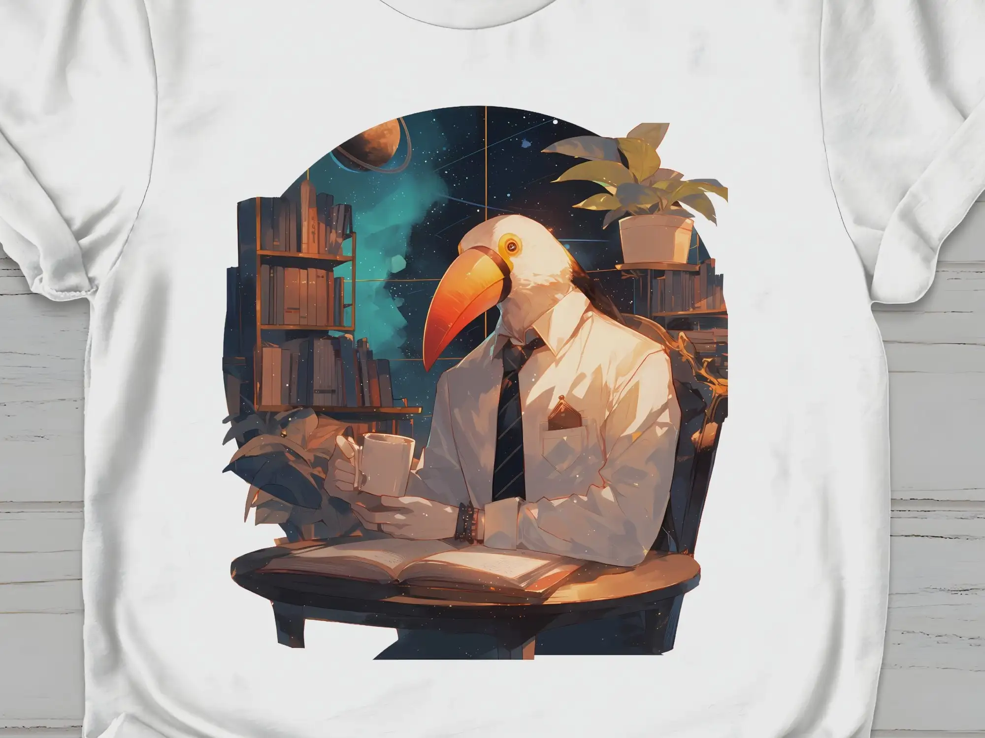 Smart Toucan Teacher in Library with Coffee T Shirt Novelty Quirky Book Lover