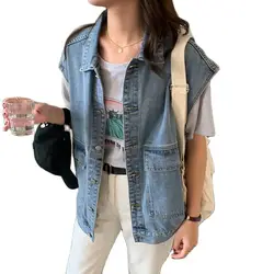 Denim Vest Women Large Size Jean Waistcoat Female Sleeveless Coats Spring Autumn Casual Streetwear Jacket Light Blue Coat BF Top