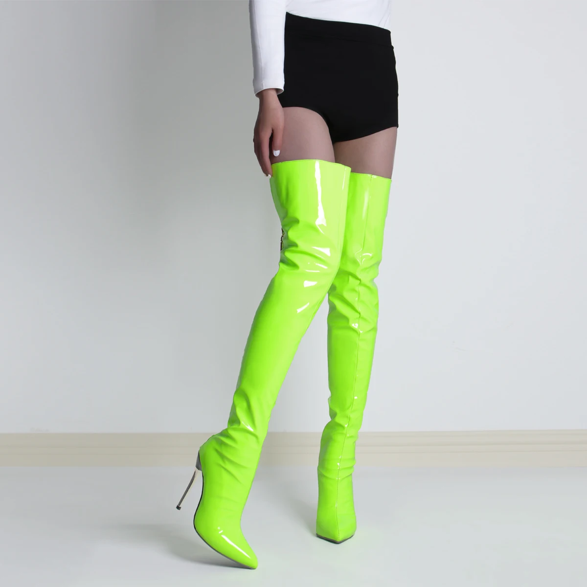 2024 Sexy 11 Cm High Heels Over The Knee Boots Patent Leather Wide Leg Boots Back Zip Stiletto Women\'s Club Shoes