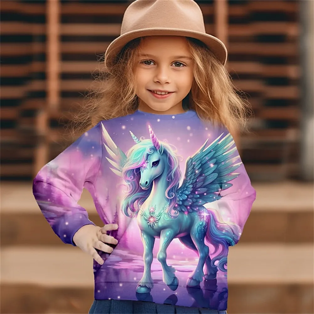 Cartoon unicórnio poliéster para meninas, roupas de manga comprida, tops casuais infantis, roupas de bebê, moda infantil, envio de 5 dias