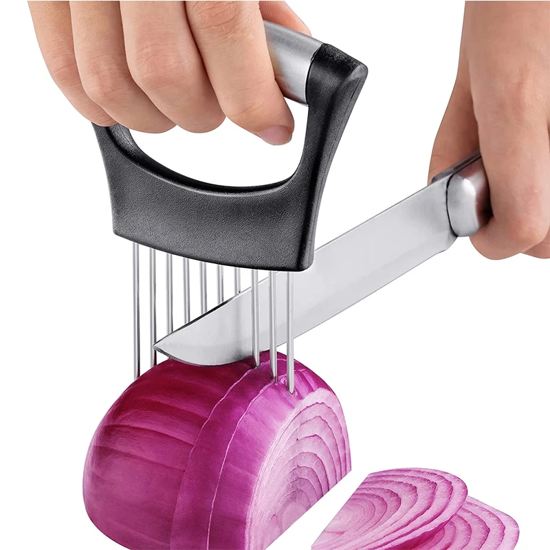 

Stainless Steel Onion Cutter Holder Food Slicers Assistant Tomato Onion Slicer Holder Vegetables Cutting Fork Kitchen Gadgets