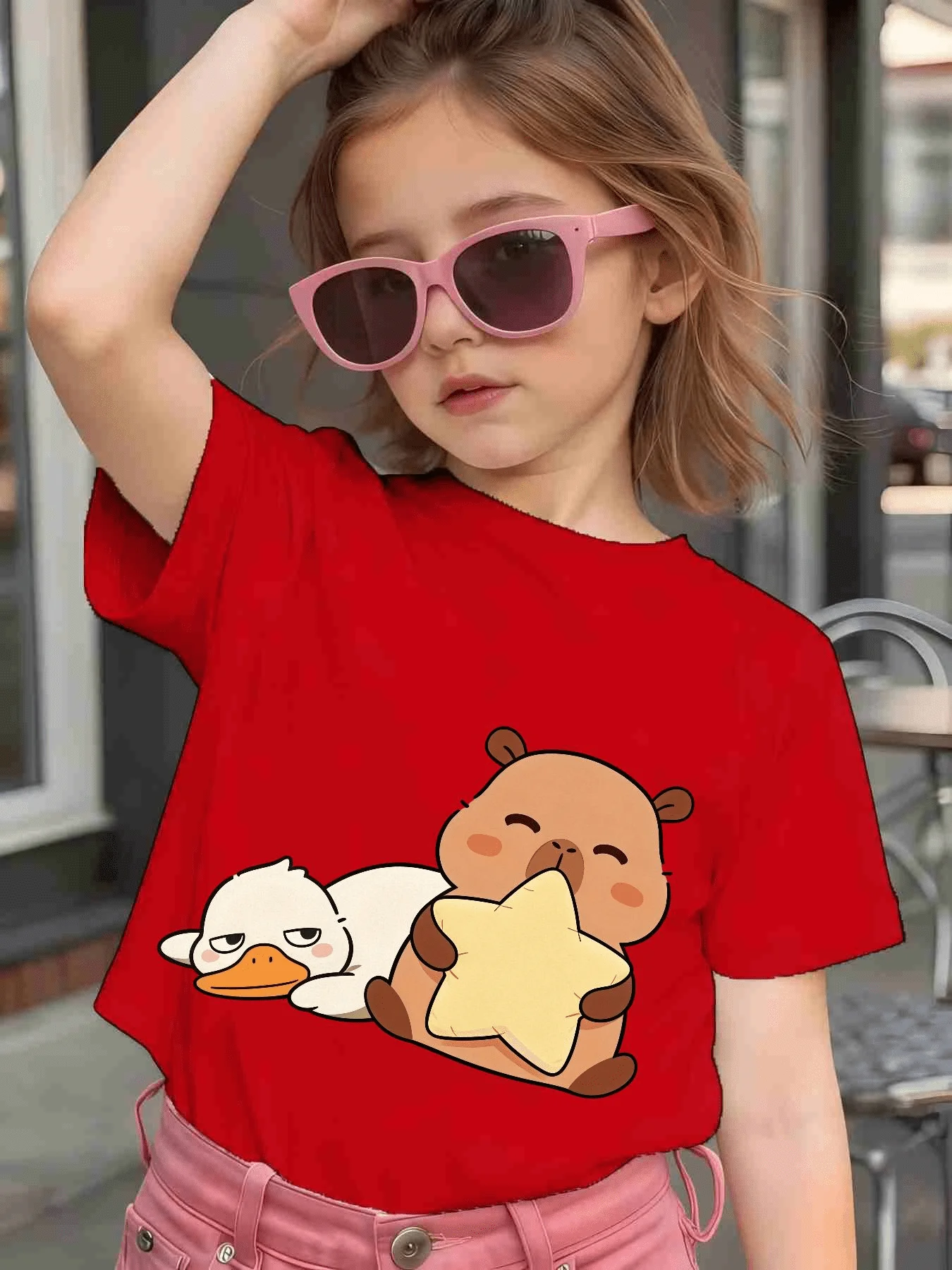 Cute Capybara Duck Cartoon Graphic Kids Tee Boys Girls Family Matching Cotton Crew Neck Short Sleeve Soft Casual Summer Tee