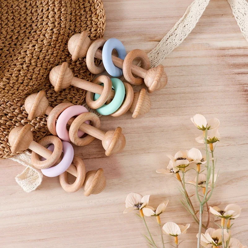 Baby Wooden Montessori Toys Music Rattle Hand Bells Teethers Beech Wooden Rings Star Rattle Soother Teether Toys Chew Baby Toys