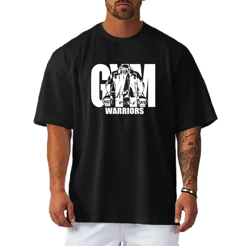 Neues übergroßes Herren-Freizeit-Sport-T-Shirt für Gym, Bodybuilding, Fitness, kurzärmeliges Hemd, Sommer-Mesh-Kleidung, schnell trocknend, atmungsaktiv