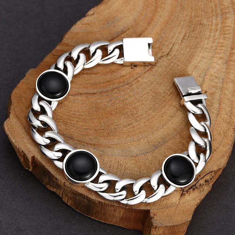 S925 Sterling Silver Punk Style Cuba Bracelet 12mm Old Process 20CM Heavy Body Bright Black Agate Fine Jewelry FYBT129