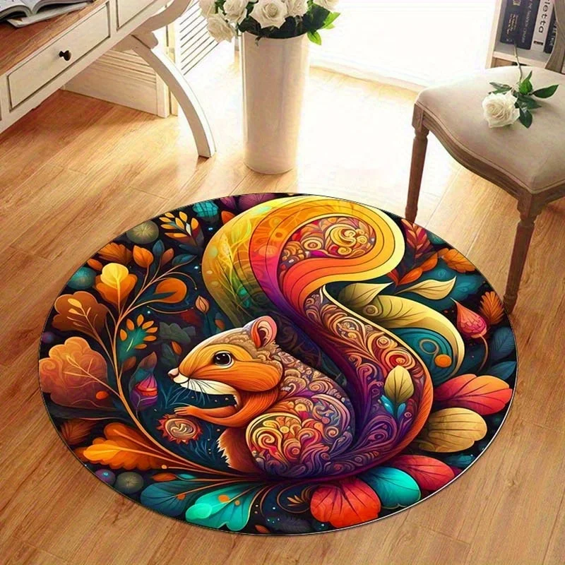 

Crystal velvet carpetColorful Squirrel 2D Flat Print Round Doormat - Soft, Washable Polyester, Anti-Slip, Vibrant Floral & Leave