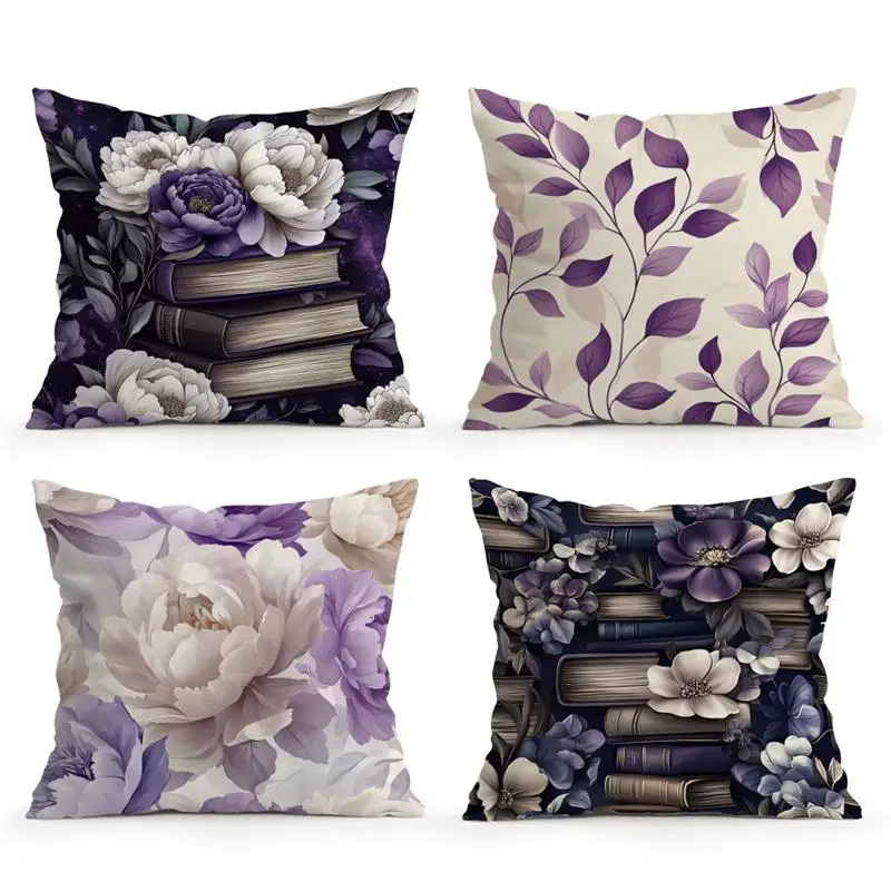 Pillowcase Printed Pillow Cover 45x45 Square Cushion Cover Home Bed Sofa Pillowslip Decorative Purple Flower Books Design