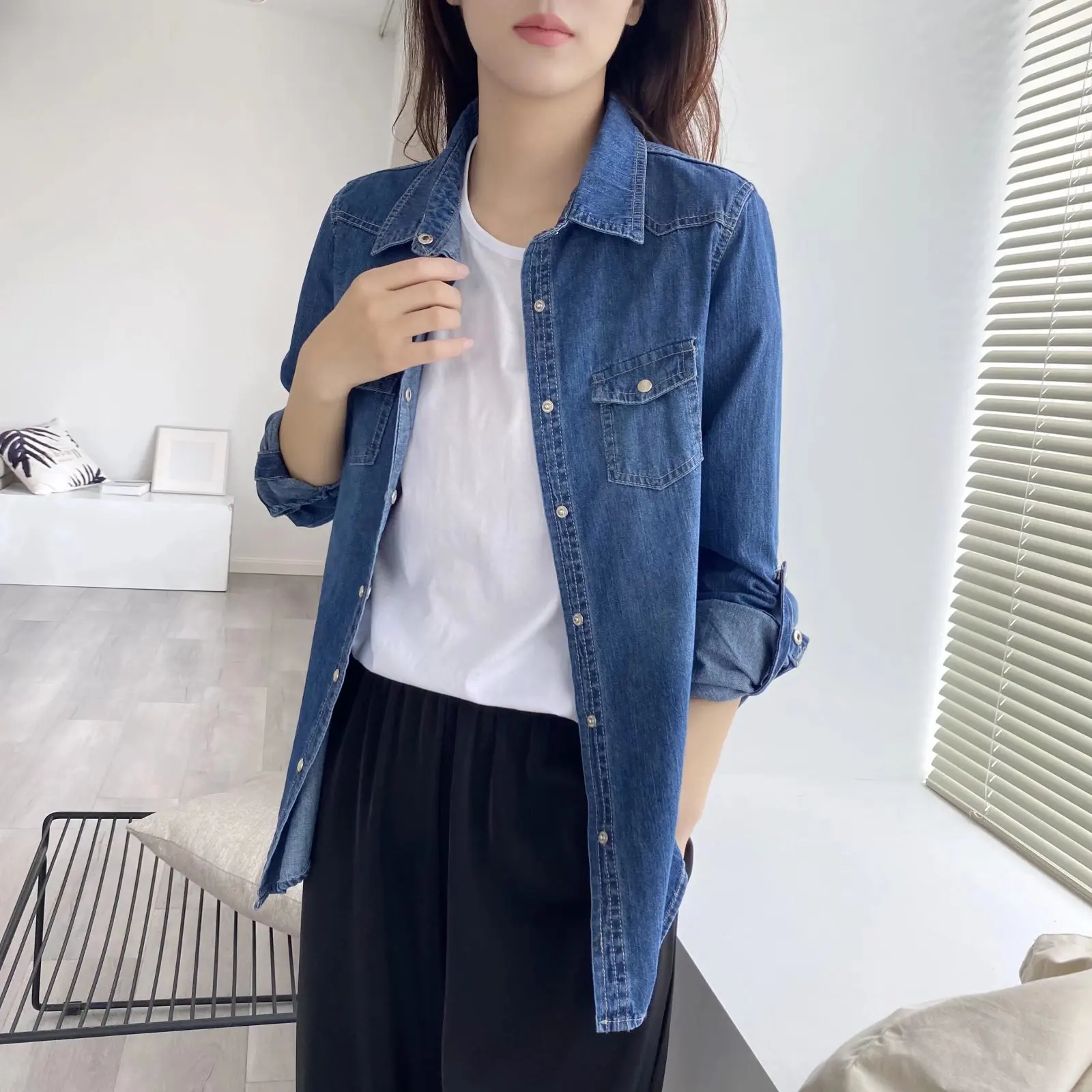 Vintage Women's Oversized Denim Shirts Autumn Loose Cotton Blue Blouses Shackets Long Sleeve Tops