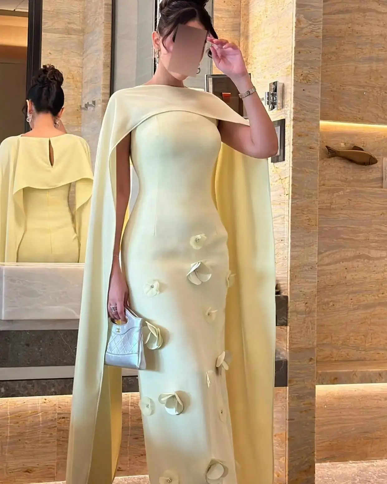 

Customized Graceful Jersey Crystal 3D Flowers Evening Dress Delicate Long Sleeves Crew neck Floor Length prom dresses