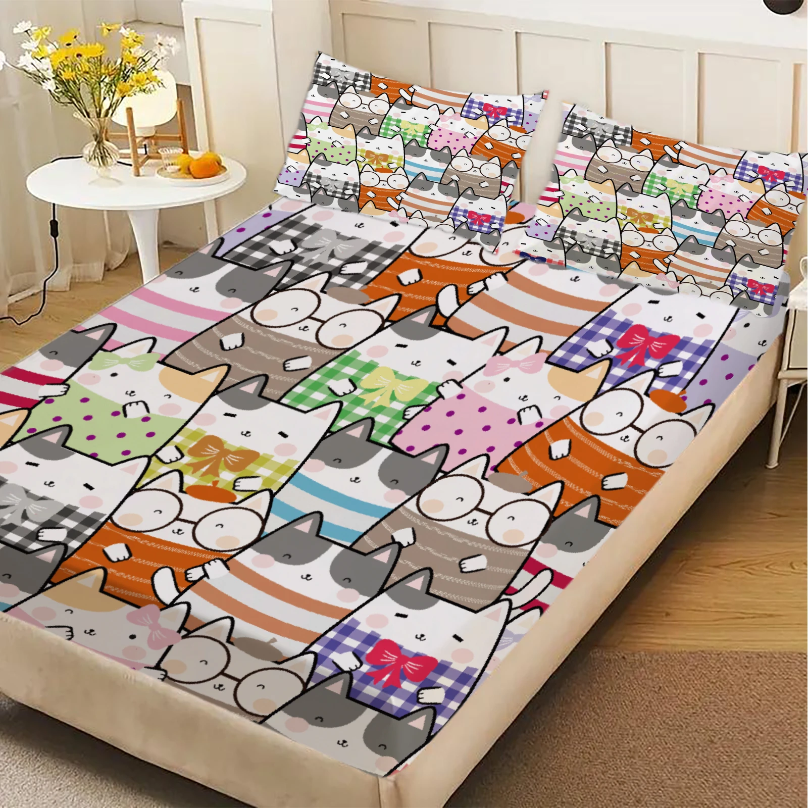 3pcs Fitted Sheet Set Colorful Cats Wearing Hats And Scarves Stain Resistant Bed Sheet With Pillowcases For Bedroom Decor