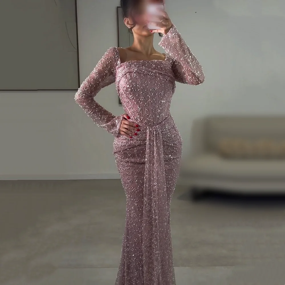 Maßgeschneidertes Luxuriöses Abendkleid mit Quadratischem Ausschnitt Meerjungfrau-Stil für Bankette Spitzen-Partykleid Hochwertig Funkelnd
