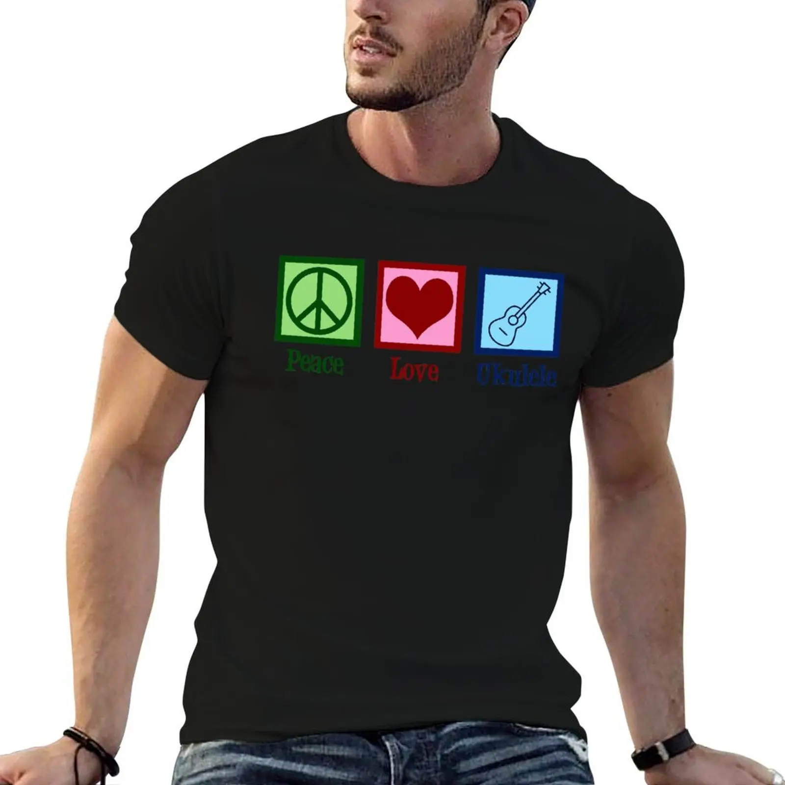 

Peace Love Ukulele T-Shirt man t shirt heavy cotton man t shirts for men casual T-Shirt