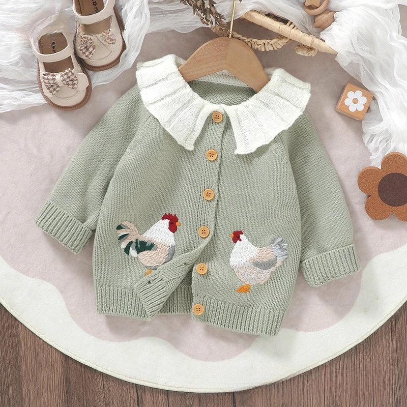 2025 New Autumn Baby Girls Sweater Coat Cute Chicken Embroidery Lapel Infant Knitted Cardigan Jacket Toddler Kids Knitwear Tops
