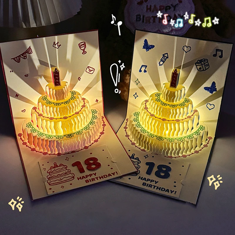 Ins Birthday Gift Music Light Gold Powder Creative Greeting Card Three-dimensional Greeting Card 3D Cake Blessing Card DIY Age