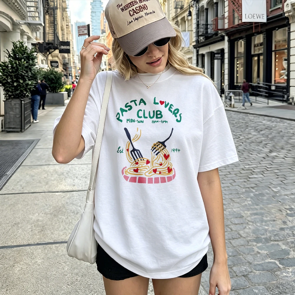 Women Pasta Lovers Club Print T Shirt Spaghetti Fork Pattern Tee Soft Cotton Casual Daily Outfit Food Theme Ladies Basic Tops