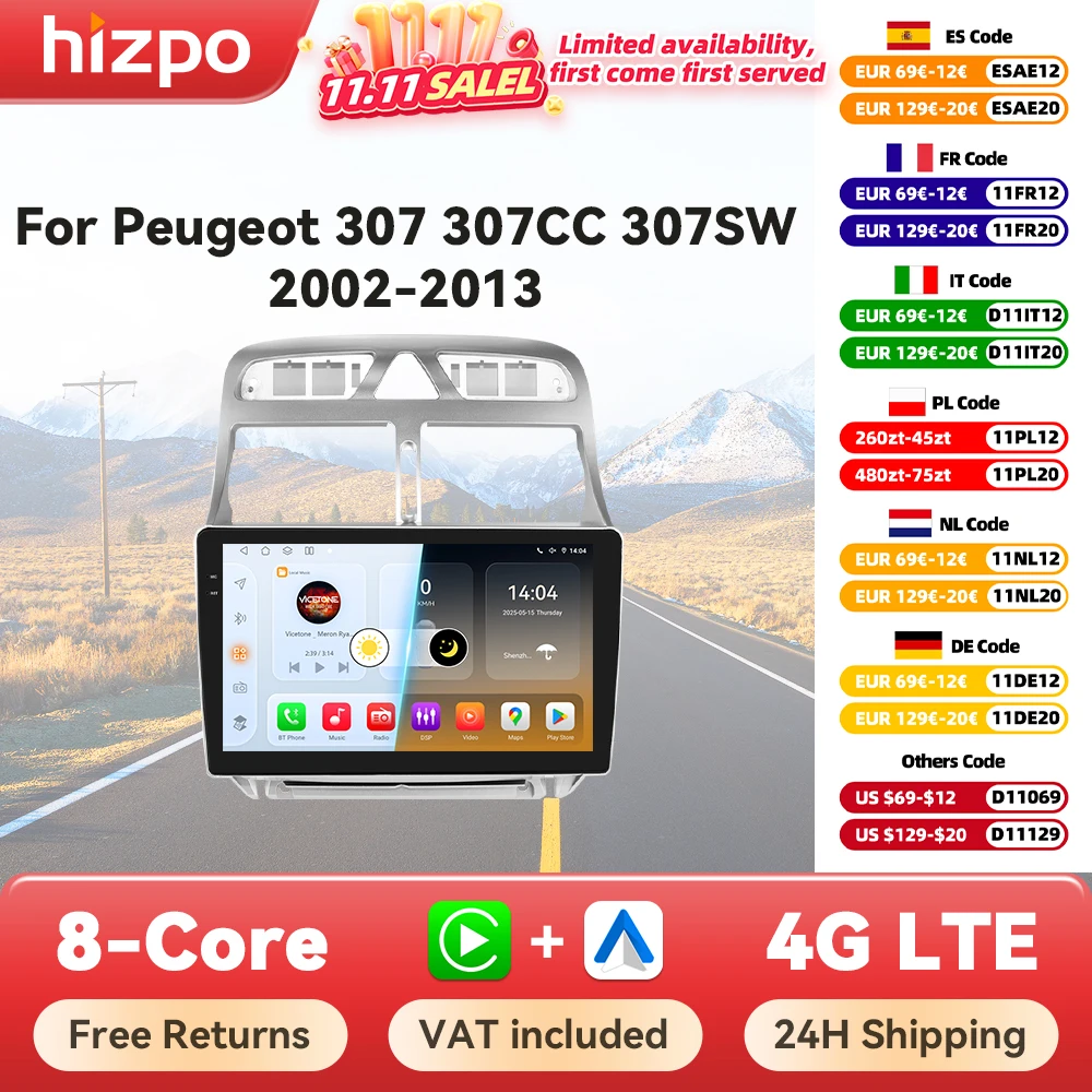Hizpo 6115 Car Radio For Peugeot 307 307CC 307SW 2002 - 2013 Wireless CarPlay Android Auto Intelligent Systems No 2 din 2din DVD