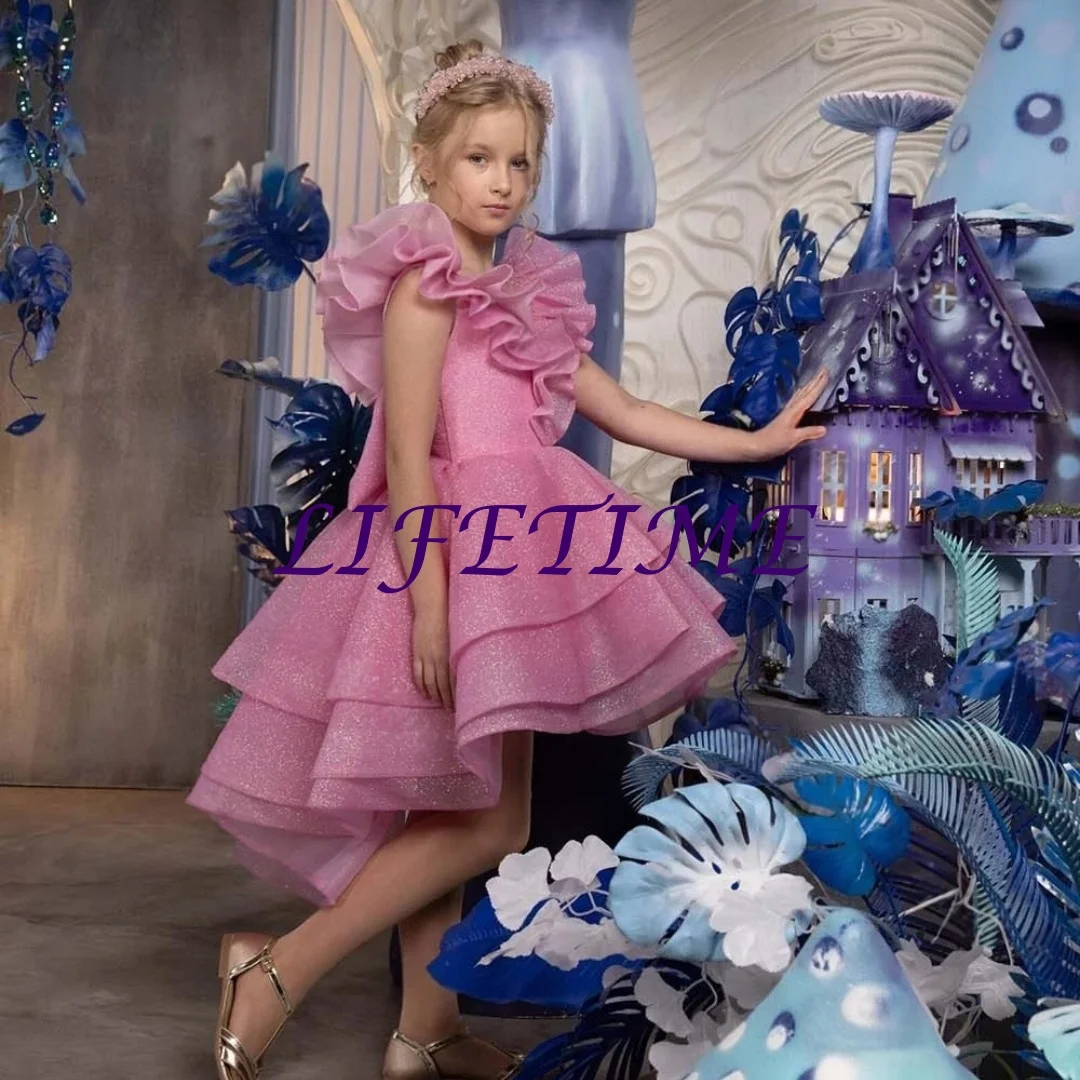 

CustomizedPink Girls Party Gown Glitter Ruffles Tiered Tulle Flower Girl Dress for Wedding High Low Princess Pageant Dress Custo
