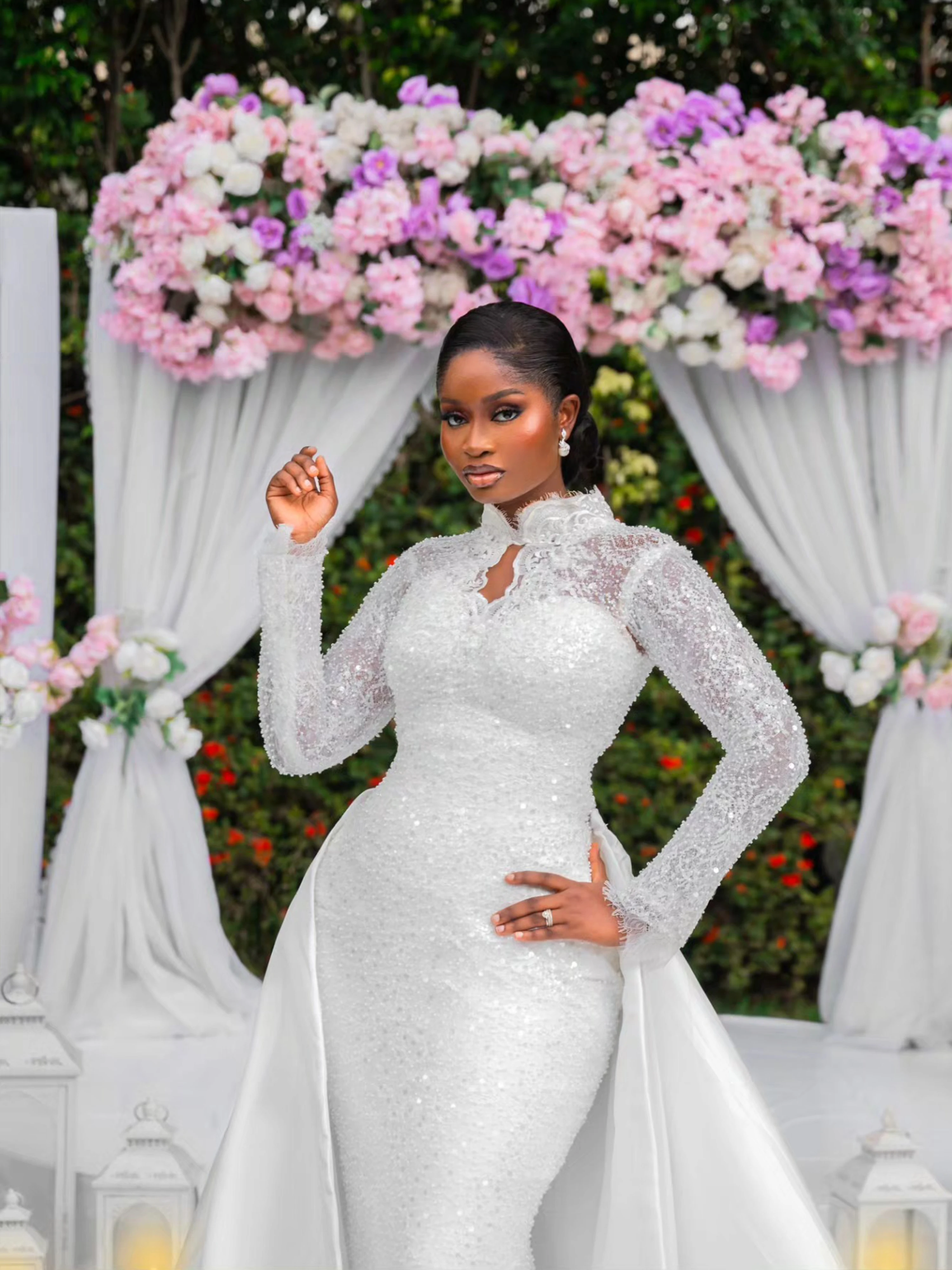 Shinny Appliques Beads Wedding Dresses with Removable Skirt Robe De Mariée Full Sleeves High Collar Bridal Gowns Customized
