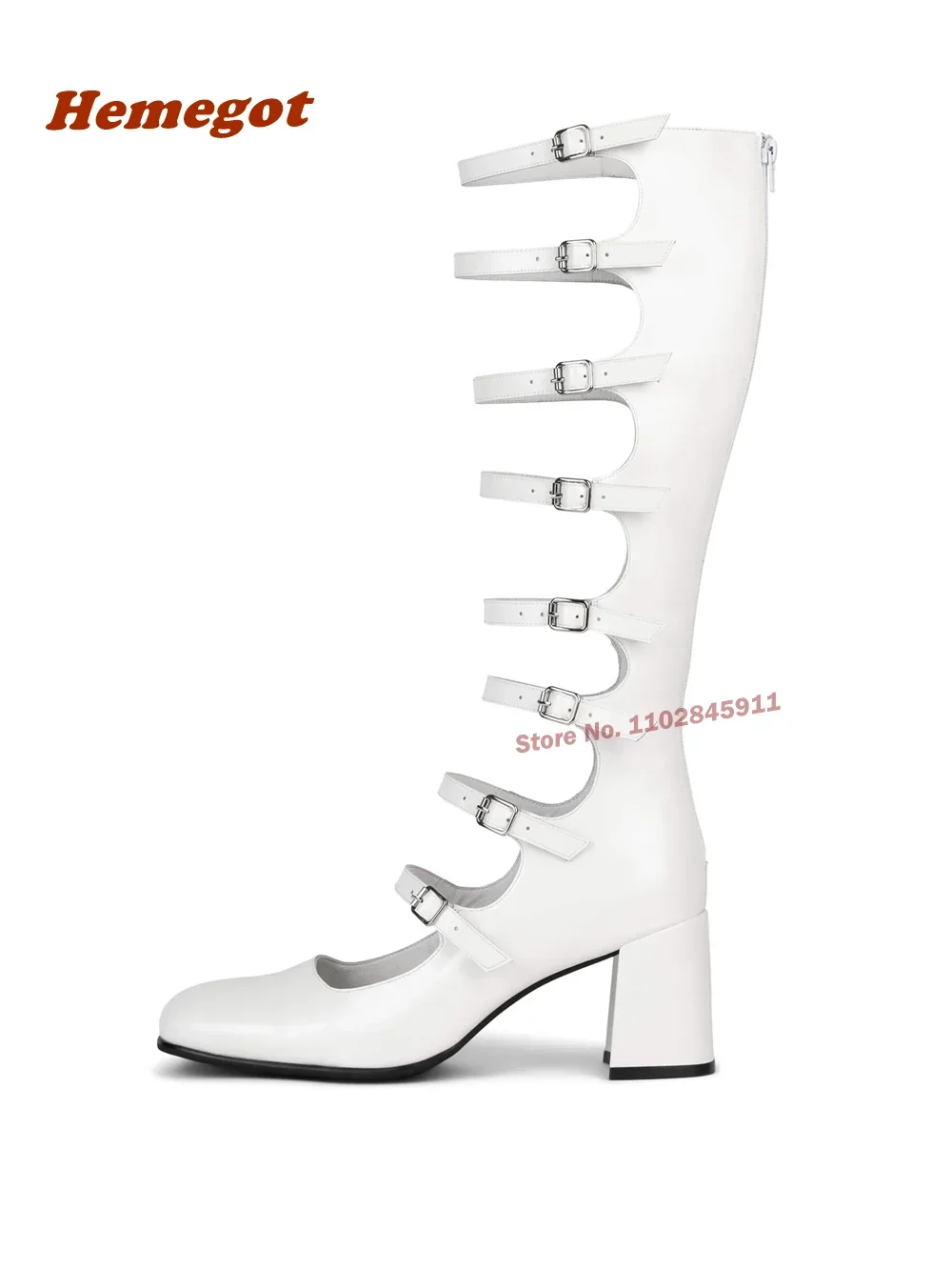 Silver Mirror Chunky Heels Women's Sandals Cut-Out Knee High Sandals with Buckle Back Zipper Summer Round Toe Casual Shoe Luxury