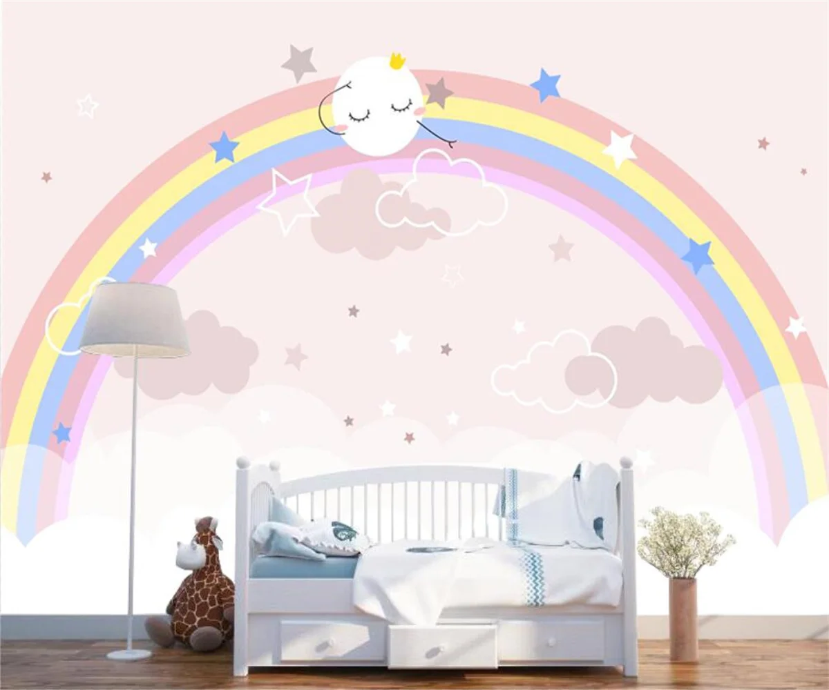 wallpaper Nordic pink starry sky clouds cartoon rainbow children's whole house background wall papel de parede 3d wallpaper