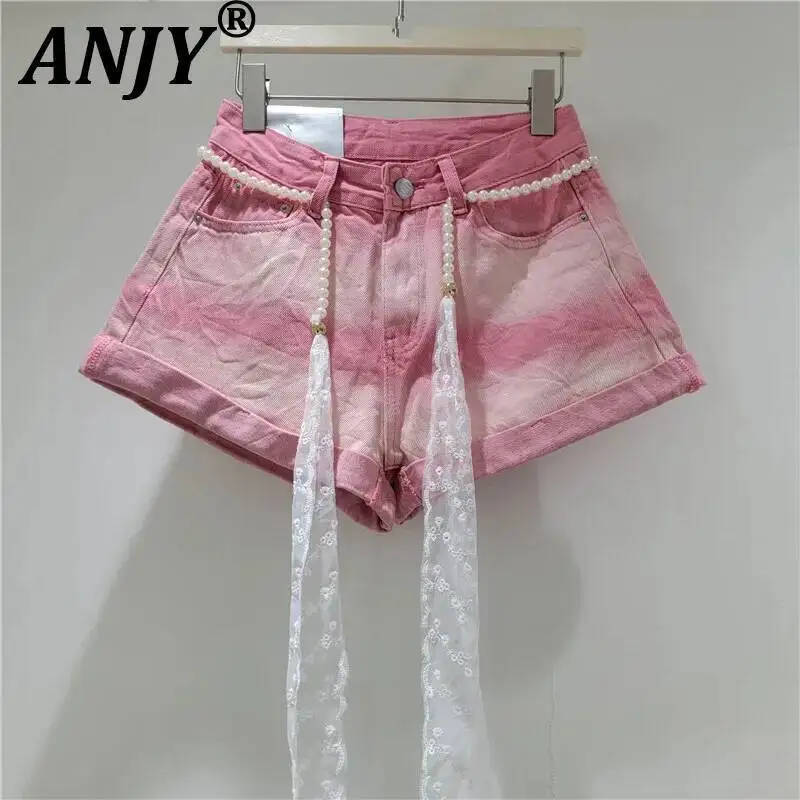 

ANJY Summer New Women Fashion Gradient Denim Wide Leg Shorts Stylish Versatile Contrast Color Rolled Hem Sashes Hot Pants A24132
