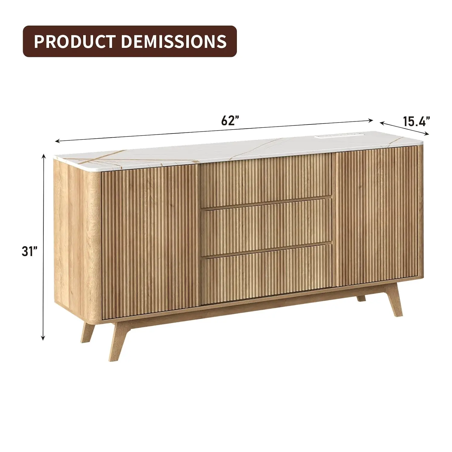 Fluted Sideboard Cabinet with Sliding Doors, Power Outlet & 3 Drawers, 62