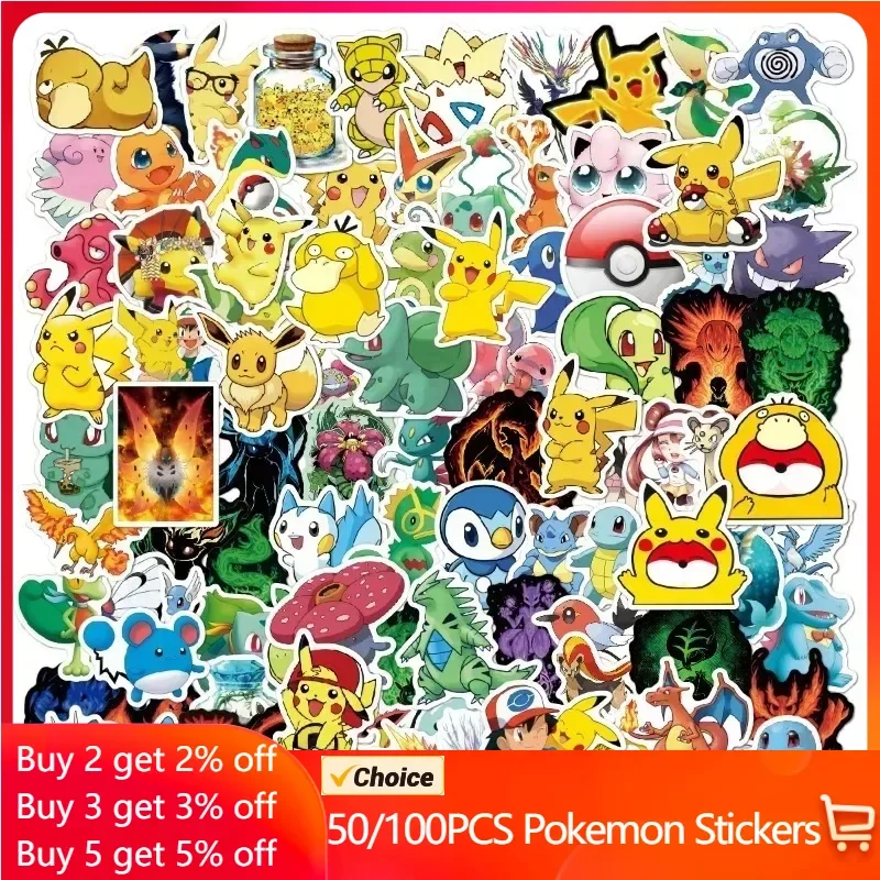 50/100PCS Pokemon Stickers Pack Kids Aesthetic Stationery Children\'s Deco Sketchbook Cute Anime Sticker Kawaii Classic Toys