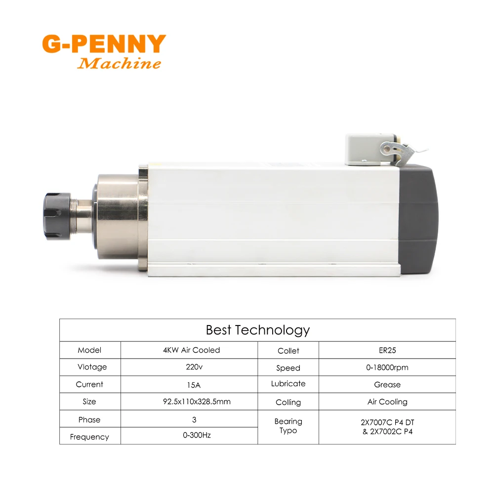 g-penny 4kw ER25 air cooled spindle motor 220v/380v square type Ceramic ball bearings