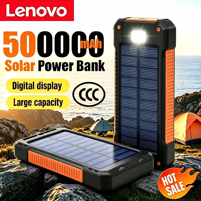 Image of Lenovo 500000 mAh Solar-Powerbank, tragbar, große Kapazität, superschnelles Aufladen, externe Outdoor-Batterie für iPhone, Samsung, Huawei