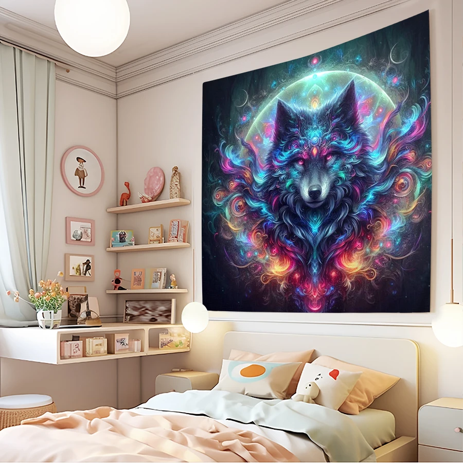 1PC Digital Printed Tapestry Wall Hanging, Colorful Mandala Wolf Head Art, Psychedelic Tribal Totem Wall Decor