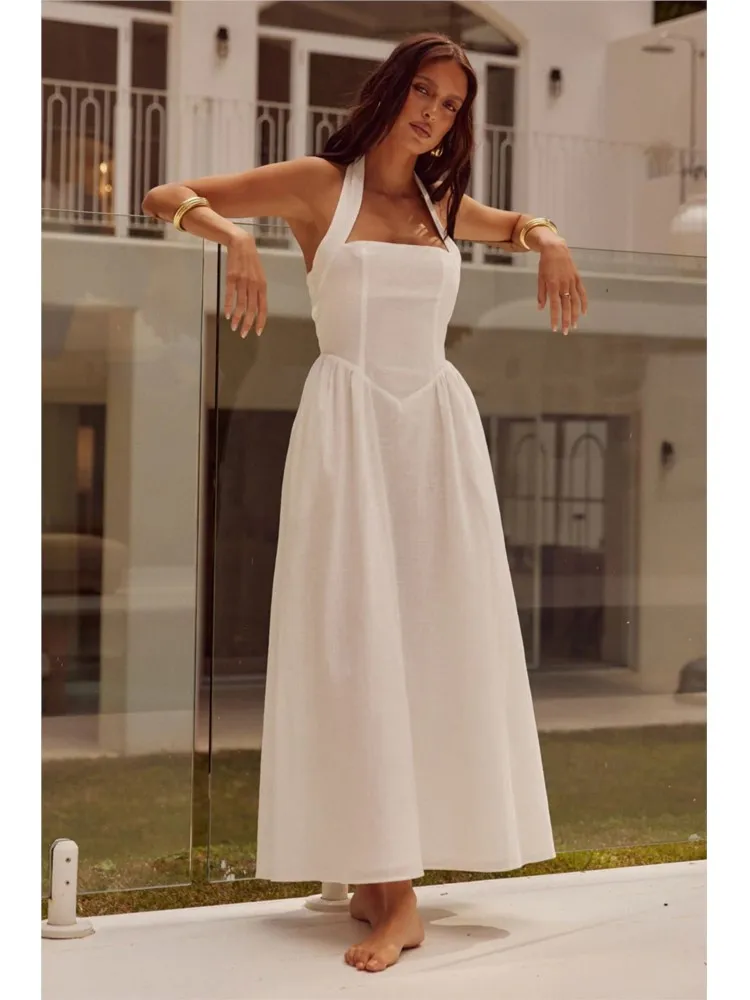 

Women Fashion Halter Neck Long Dresses Summer New Sexy Backless Temperament Commuting Maxi Dress Female Streetwear Vestidos